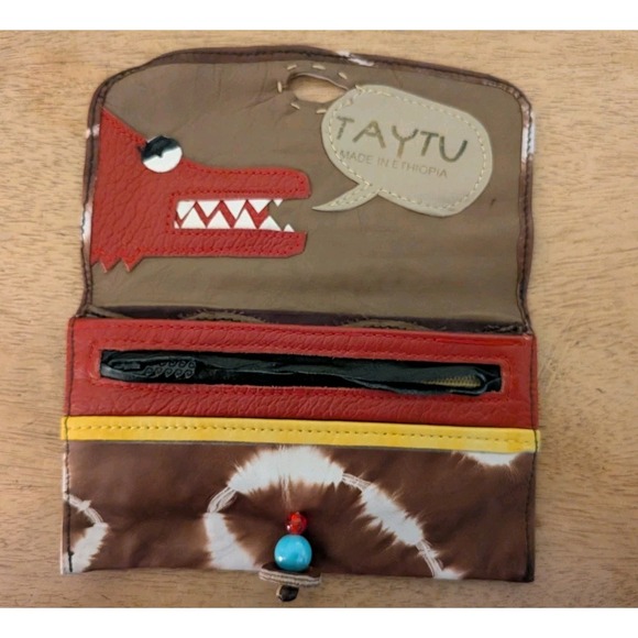 Taytu Handbags - Taytu Ethiopia Brown Tie Dye Leather Monster Clutch Wallet Bead Closure